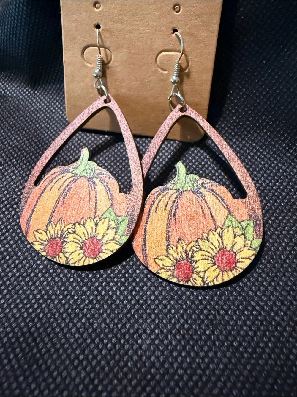 Pumpkin & Sunflower Teardrop Wood Earrings - Orange Yellow